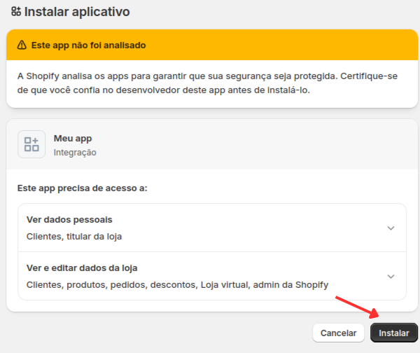 Tela de integração da Shopify no checkout